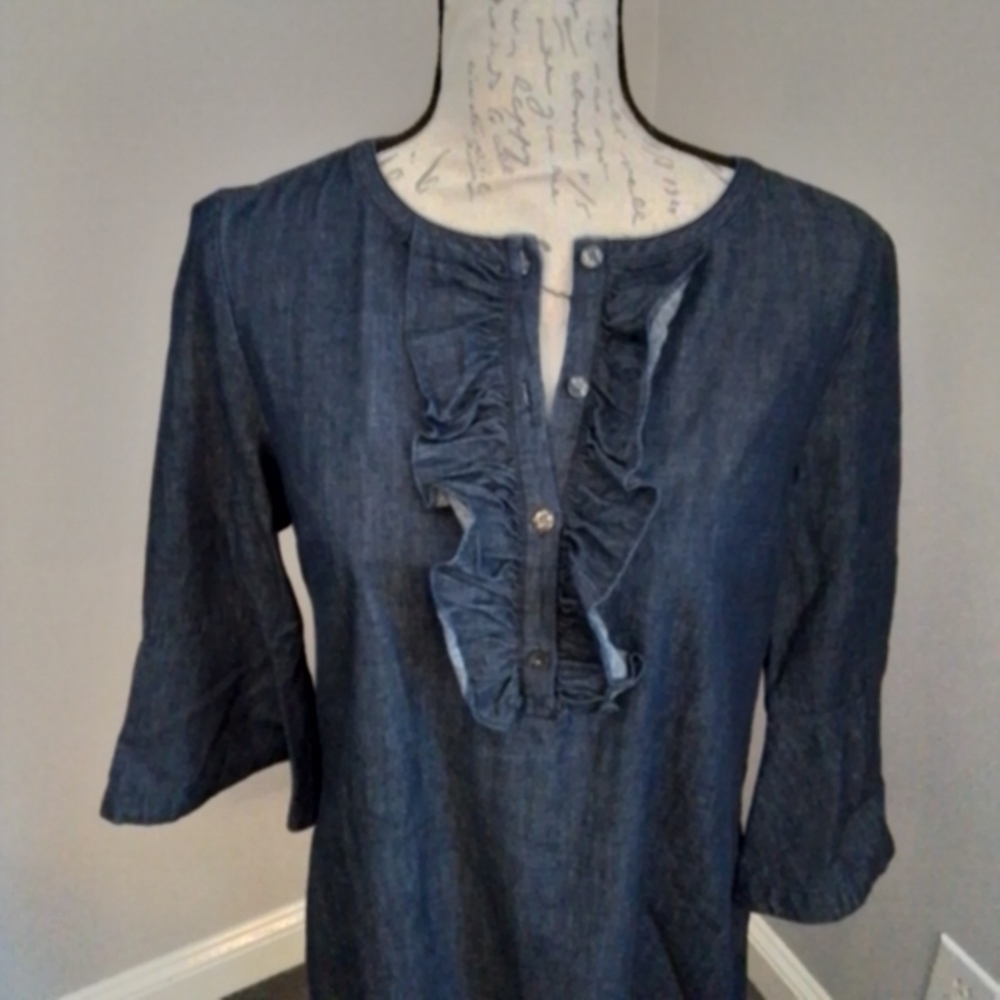 Draper James Dark Wash Chambray Denim Cotton Ruffle Shift Dress - 6 - Picture 9 of 12